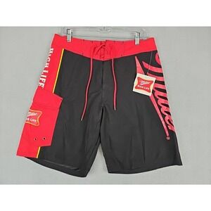 MILLER LITE Board Shorts Men's Medium (32-34) Red/Black With Beach Ball NWT 06'